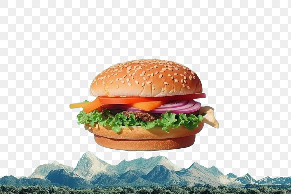 PNG  Collage Retro dreamy hamburger food vegetable freshness.