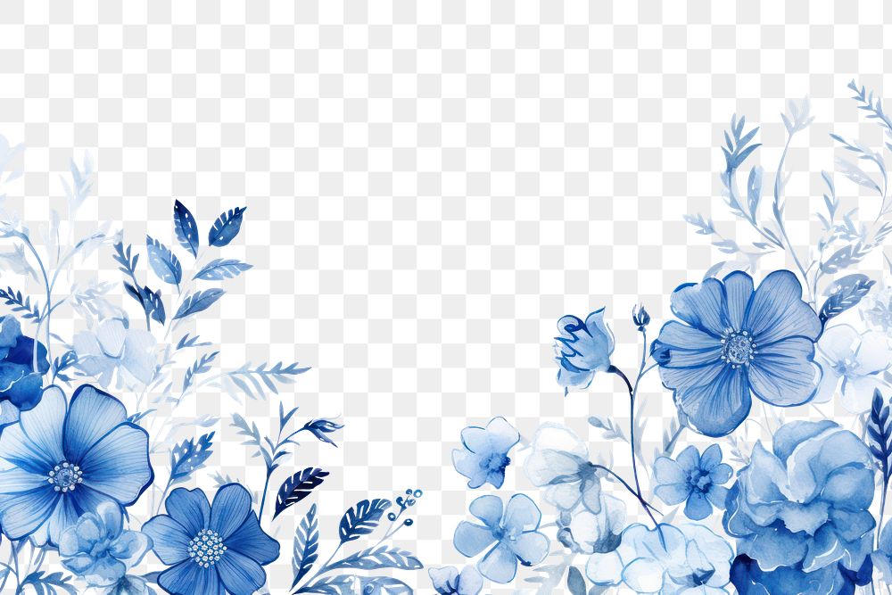 PNG Blue pottery watercolor border nature pattern flower.