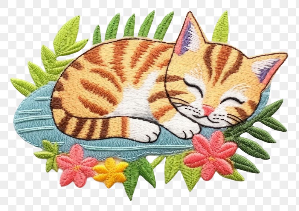 PNG Cat sleeping embroidery animal representation. AI generated Image by rawpixel.