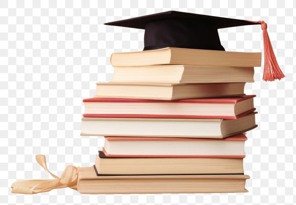 PNG  Graduation hat on a stack of books publication intelligence achievement. AI generated Image by rawpixel.