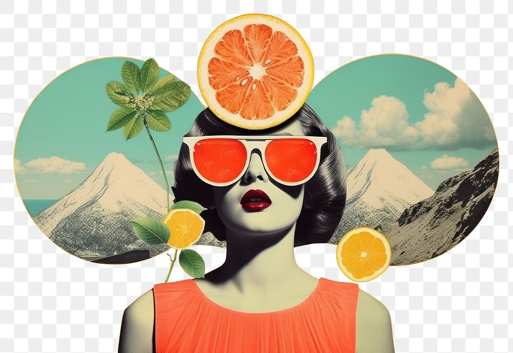 PNG Collage Retro dreamy adult art grapefruit sunglasses.