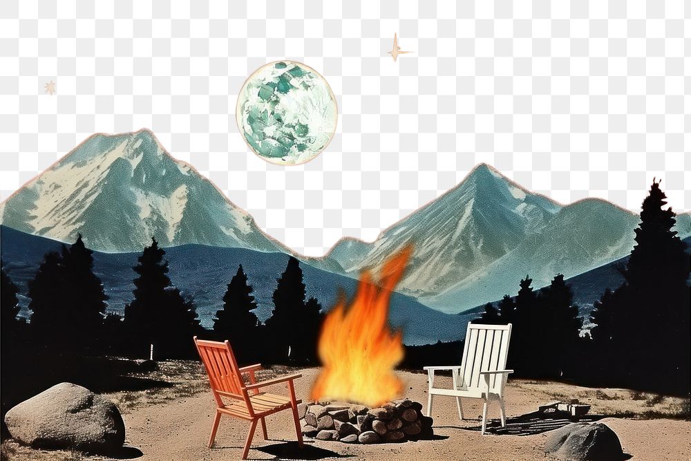PNG Collage Retro dreamy campfire astronomy mountain outdoors.