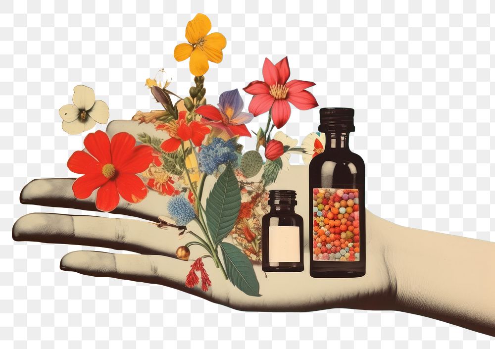 PNG Retro dreamy of hand with medicine bottle flower plant.