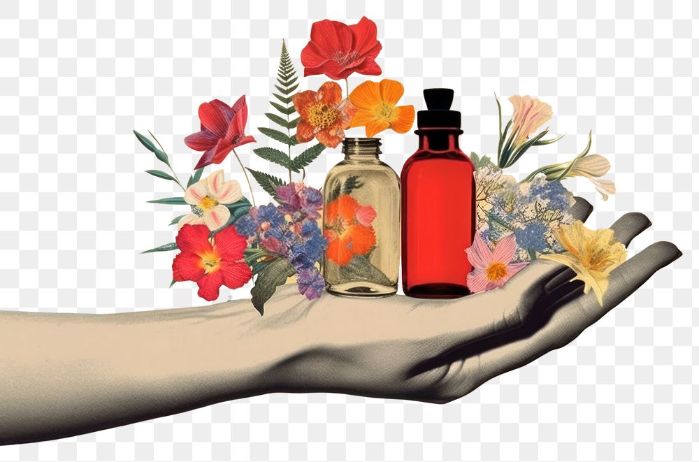 PNG Retro dreamy of hand with medicine cosmetics perfume bottle.