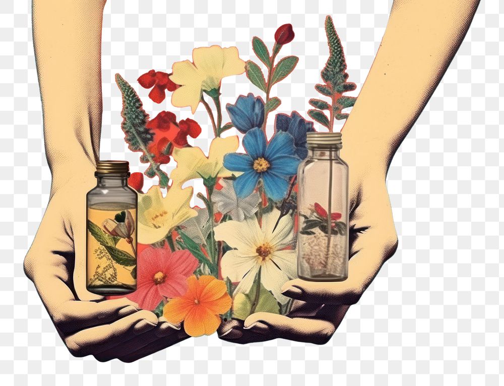 PNG Retro dreamy of hand with medicine flower adult plant.