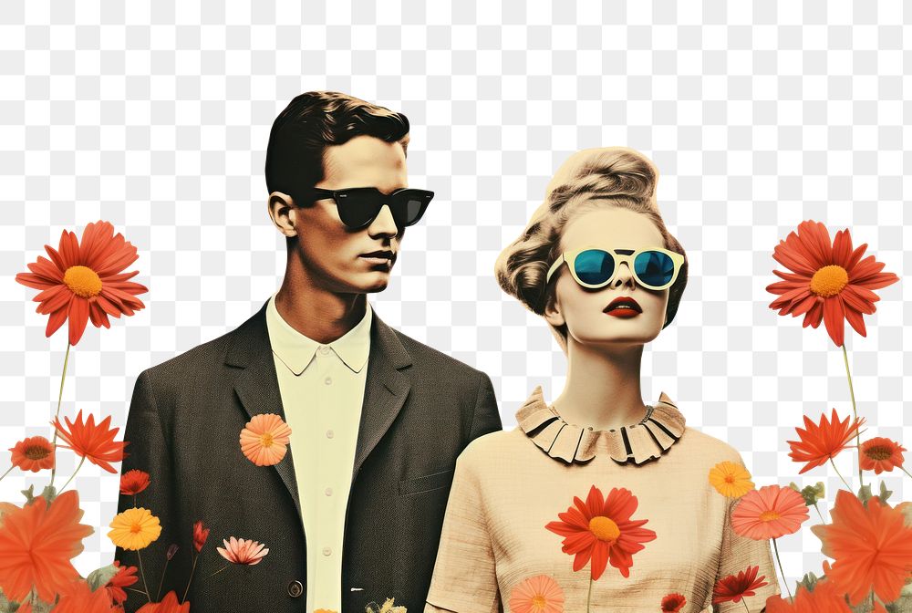 PNG Ollage Retro dreamy couple flower sunglasses portrait.