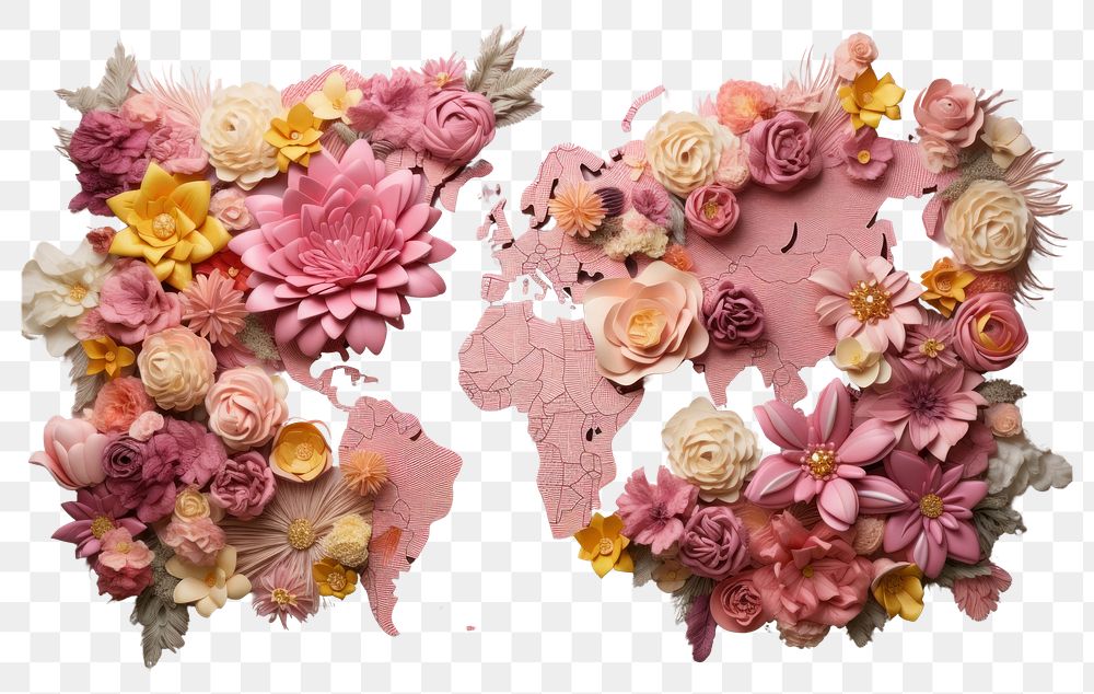 PNG Flowers on a world map yellow plant pink.