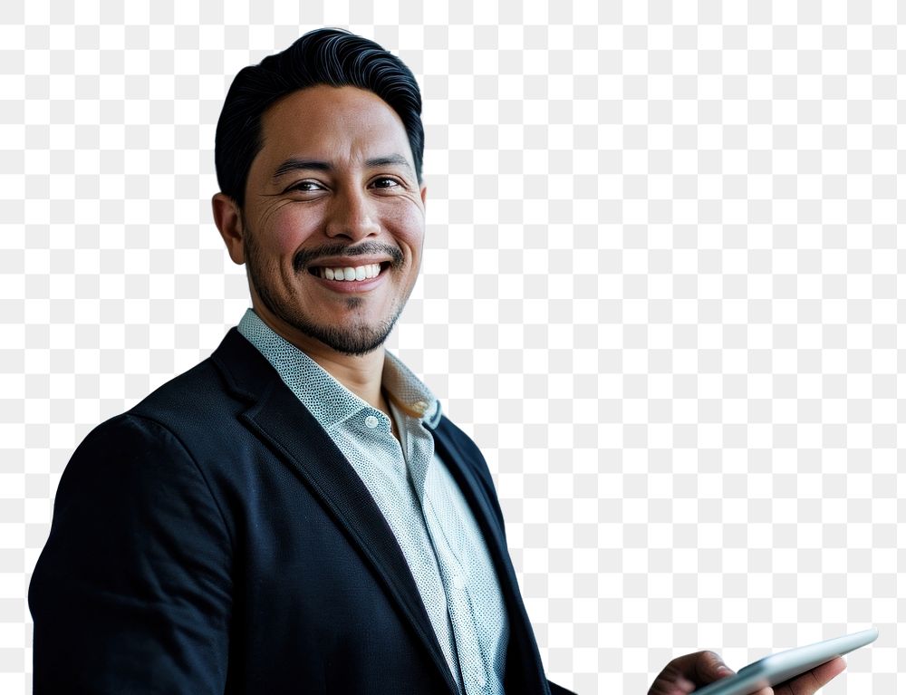 PNG  Native american business man smiling whild holding a tablet office adult smile. AI generated Image by rawpixel.