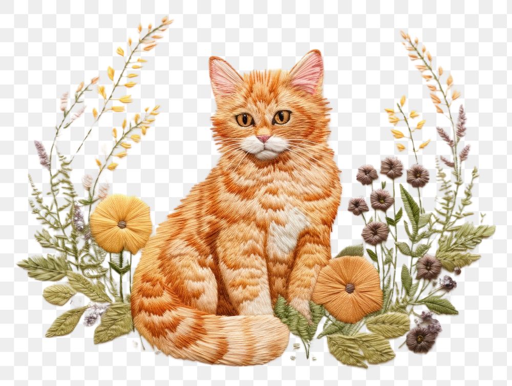PNG Ginger cat in embroidery style pattern animal mammal.