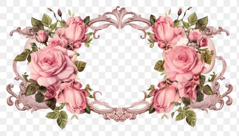 PNG Elegant floral frame with pink roses and green leaves. Roses and leaves create a vintage floral design. Perfect for…