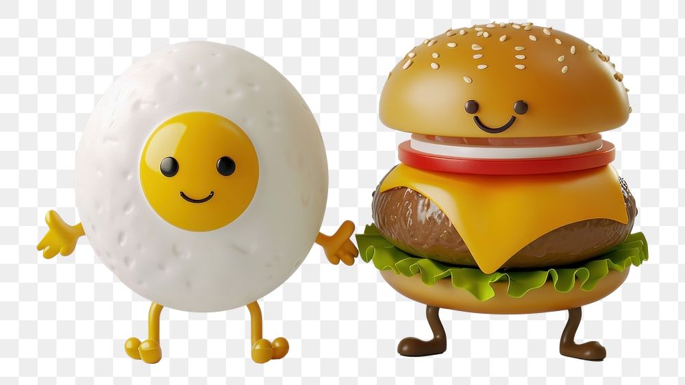 PNG 3d fried egg and burger character cartoon food toy.