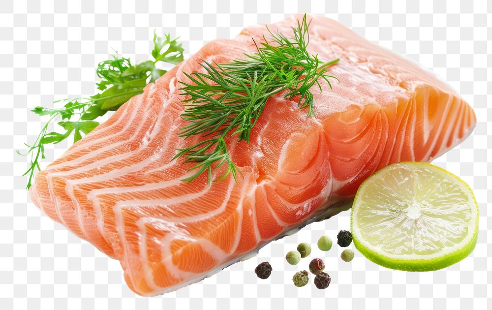 PNG Salmon seafood white background vegetable.