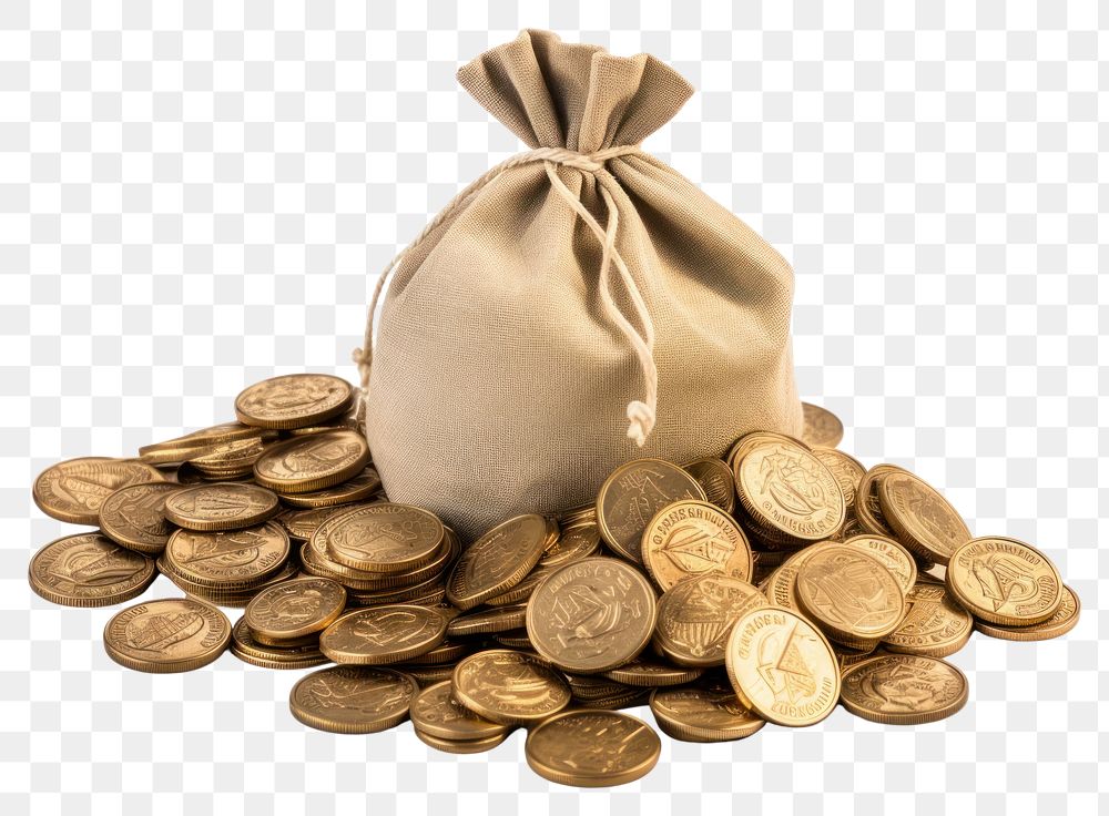PNG Opened bag of coins money white background accessories.