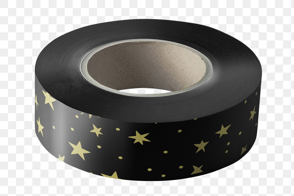 Gold star patterned black washi tape png, transparent background