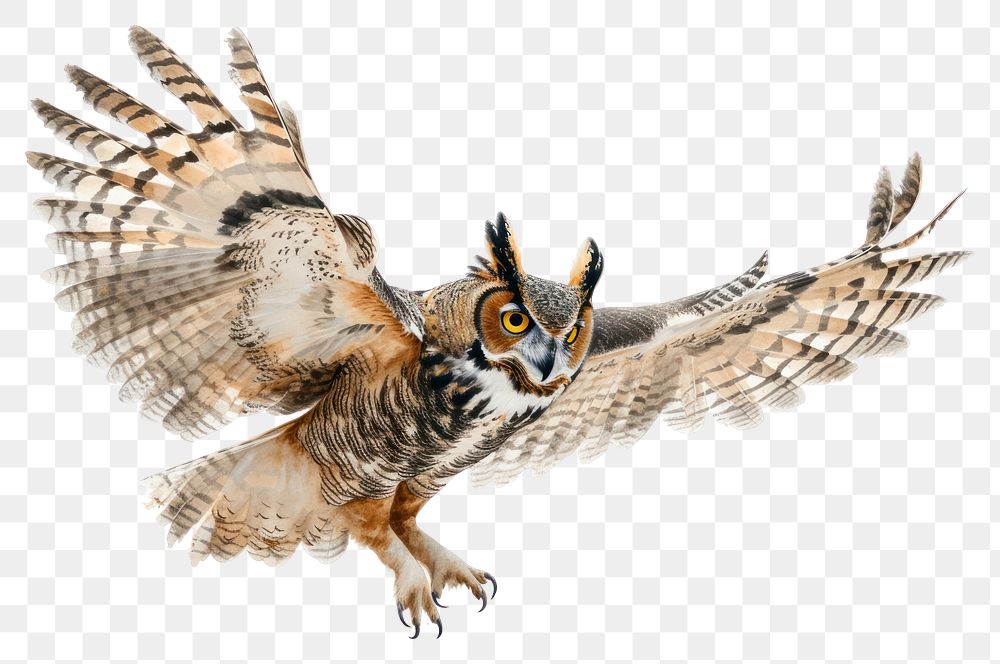 PNG A Great Horned Owl gracefully spreading its wings while clutching a mouse in its talons owl drawing animal.