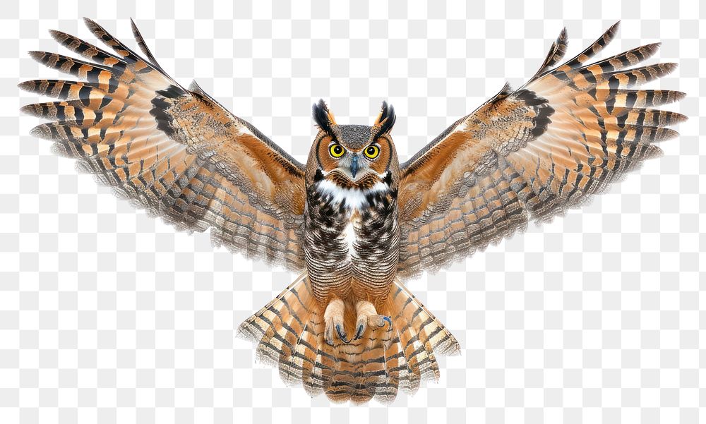 PNG A Great Horned Owl gracefully spreading its wings with talons extended owl animal bird.