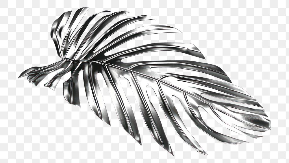 PNG Basic 3d solid tropical leave Chrome material silver leaf white background.