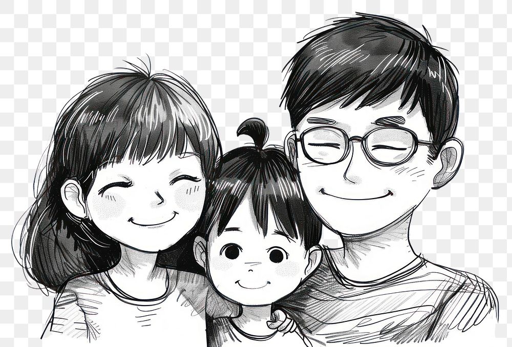 PNG Asian family in the style of frayed chalk doodle drawing glasses sketch.