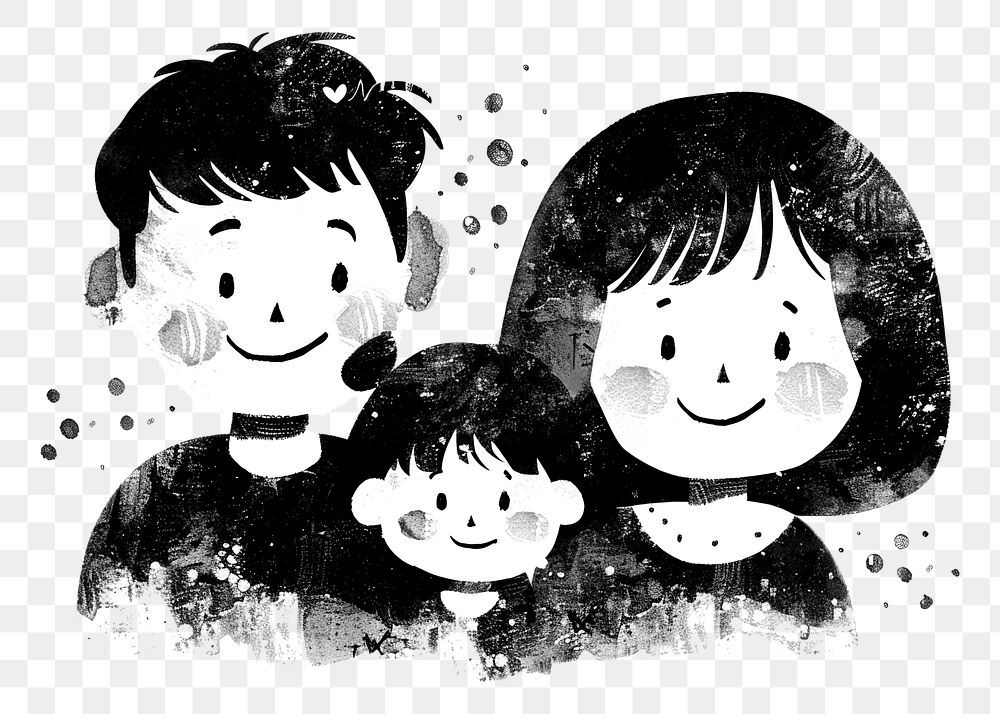 PNG Asian family in the style of frayed chalk doodle drawing sketch cute.