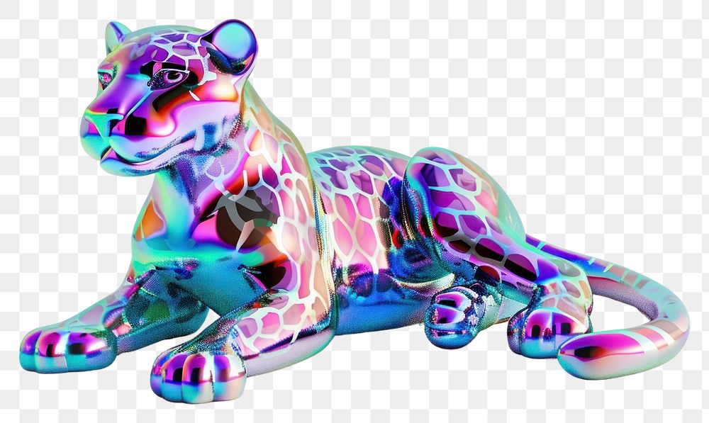 PNG 3d render of leopard holographic glass color figurine animal mammal.
