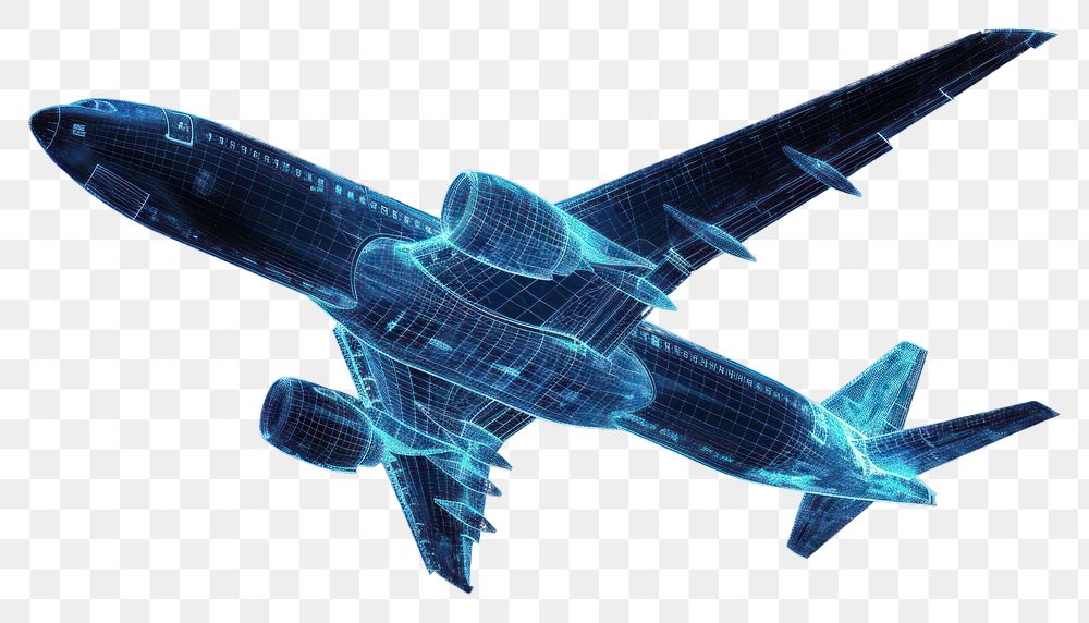 PNG  Glowing wireframe of air plane futuristic blue black background.