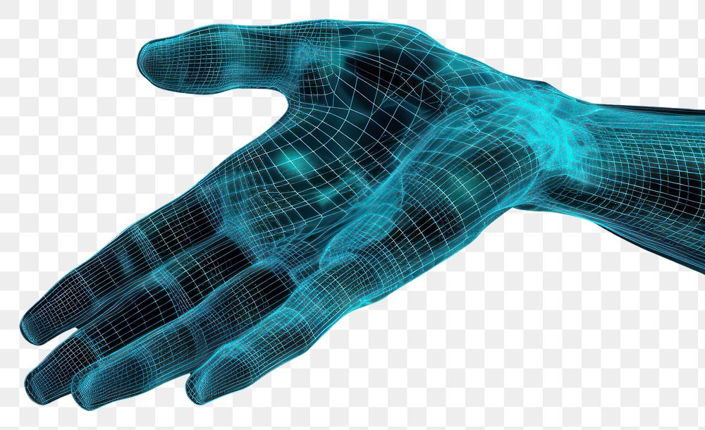 PNG  Glowing wireframe of hand futuristic blue black background.