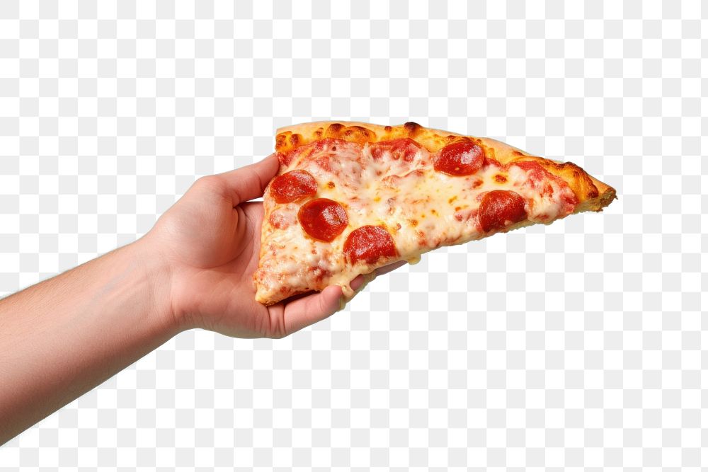 PNG Hand holding pizza food pepperoni freshness.
