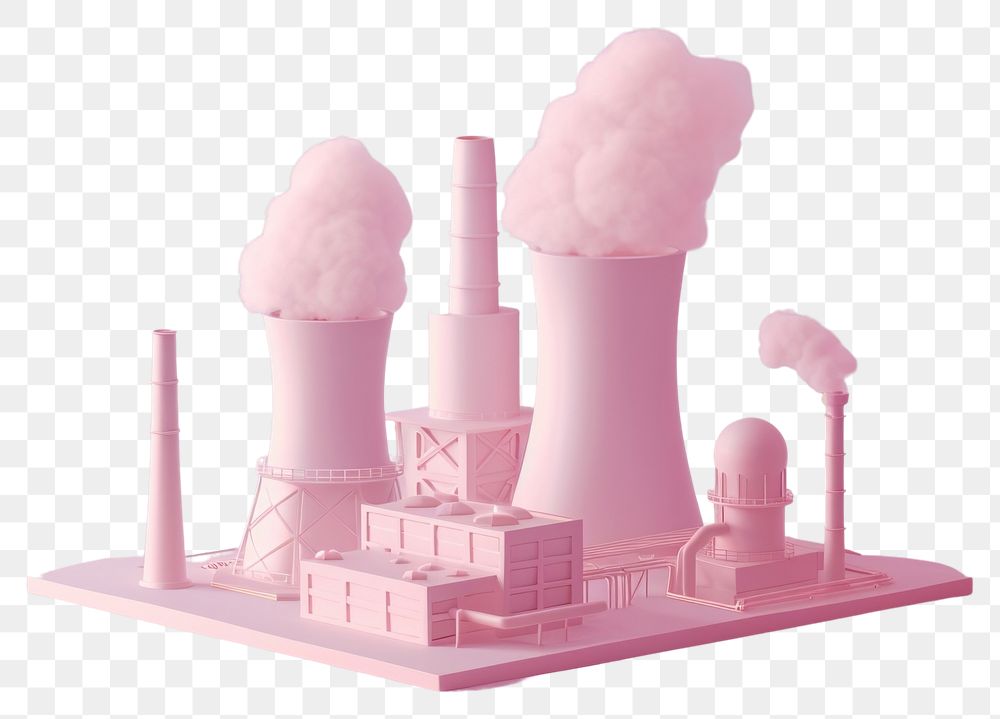 PNG Isometric nuclear powerplant architecture smoke pollution.