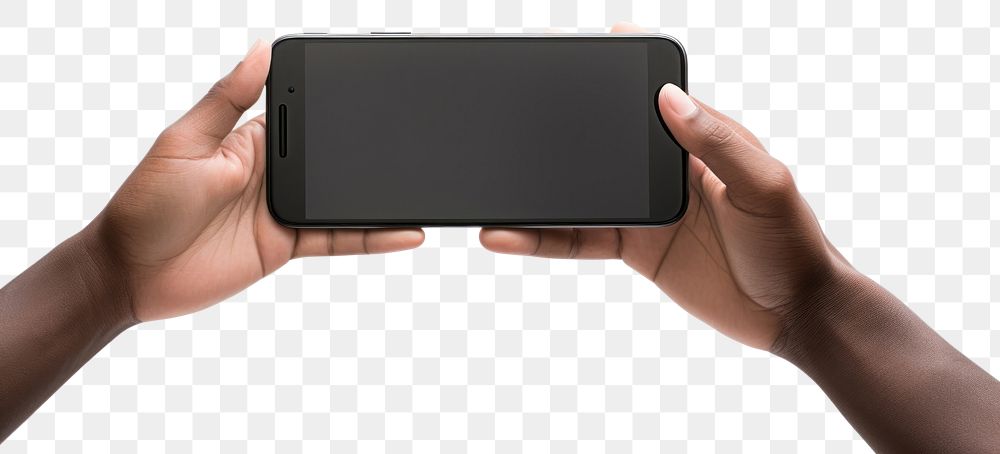 PNG Hand holding horizontal mobile phone white background photographing portability.