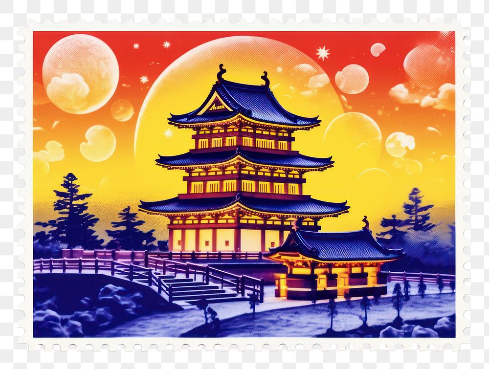 PNG Night Japanese castle postage stamp architecture illuminated.