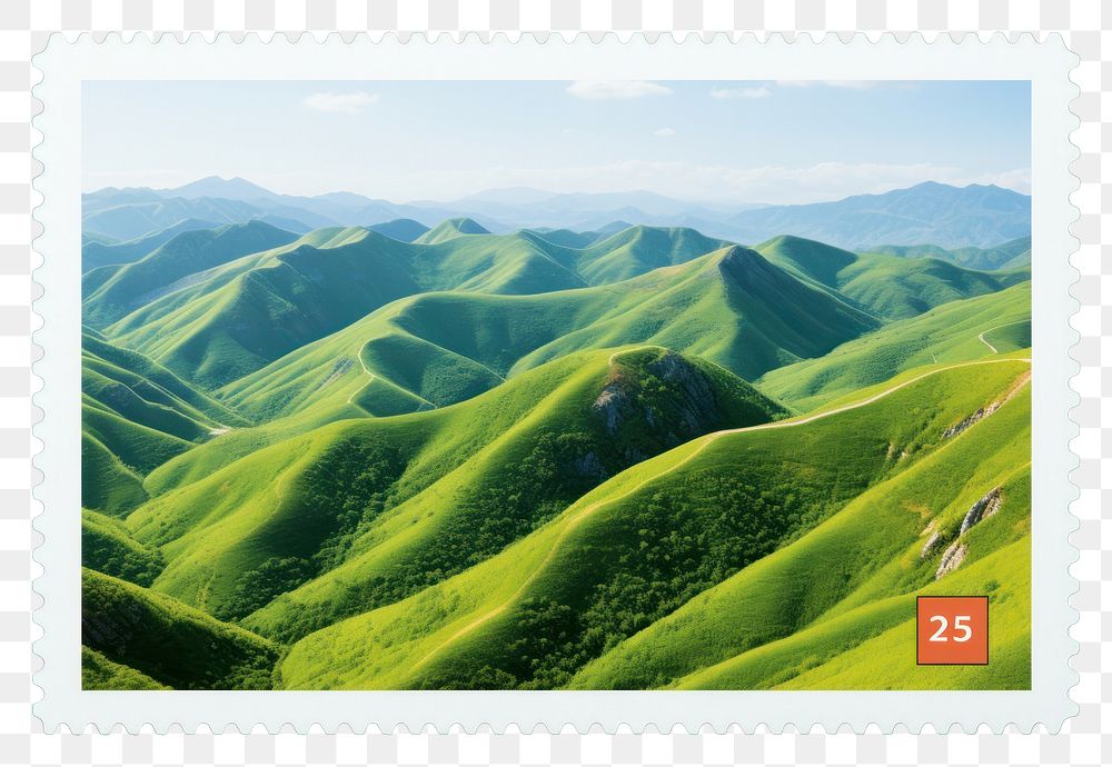 PNG Serene green hills against mountain outdoors nature postage stamp.