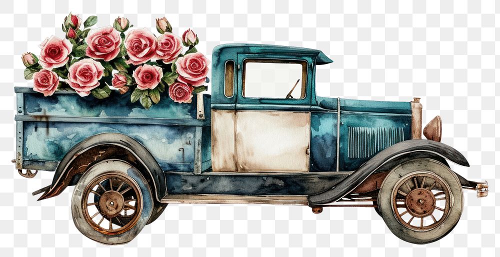 PNG  Vintage car watercolor rose vehicle flower.