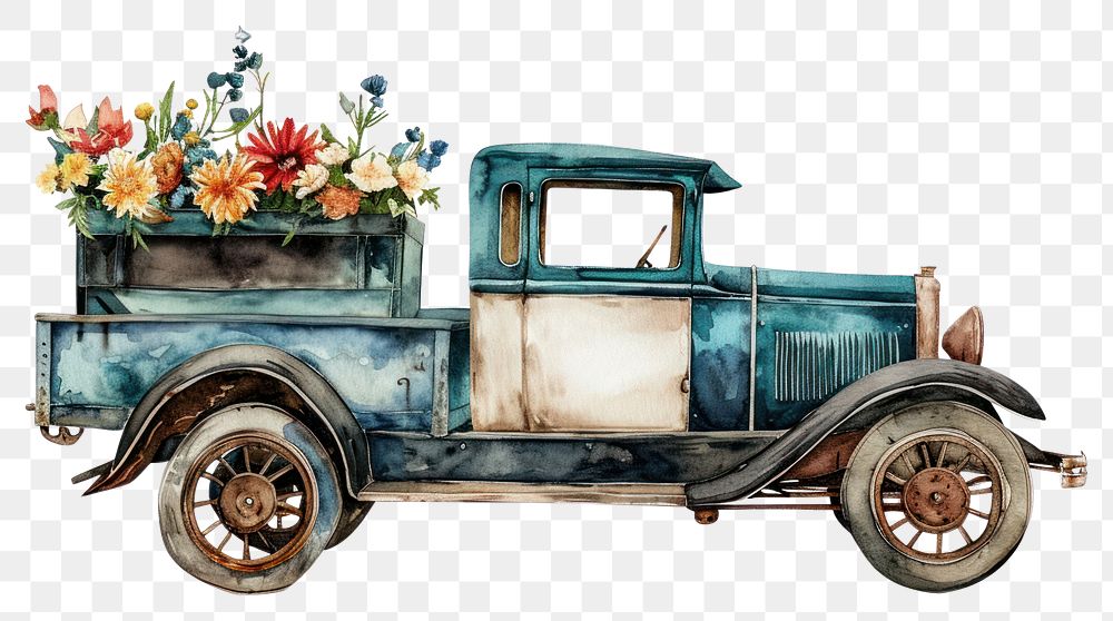 PNG  Vintage car watercolor flower vehicle truck.