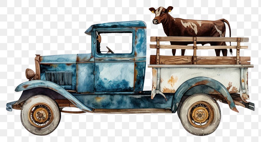 PNG  Vintage car watercolor livestock vehicle mammal.