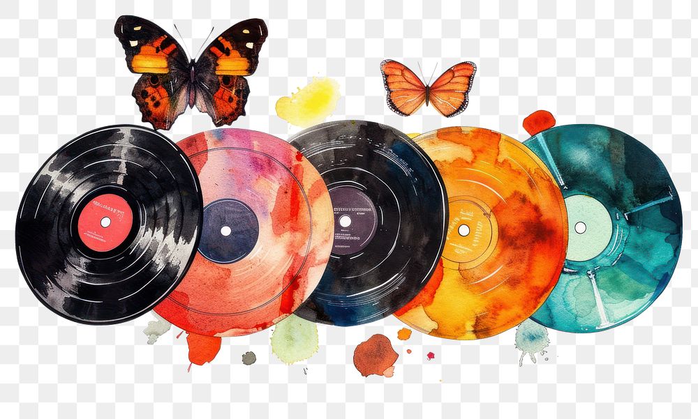 PNG  Illustration of vintage vinyl records butterfly art creativity.