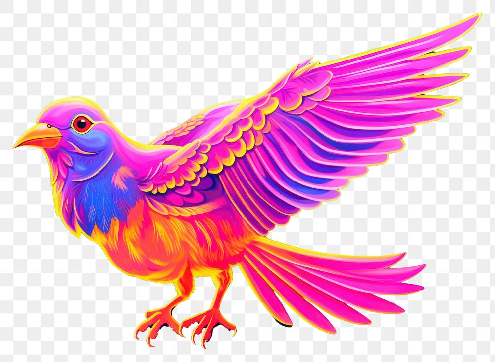 PNG  Black light oil painting of bird purple yellow animal.