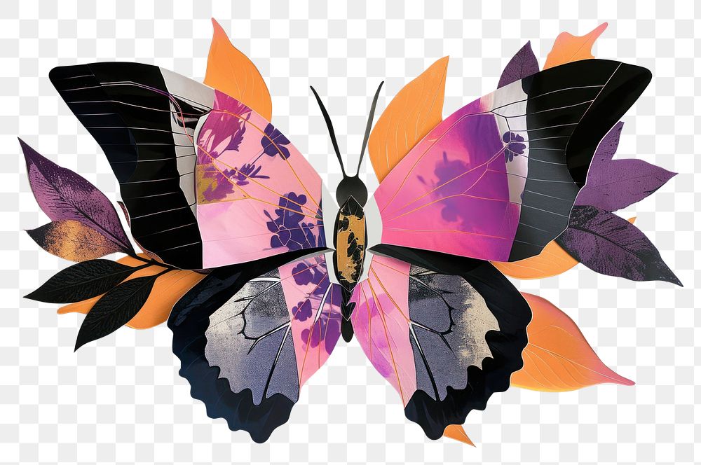 PNG Cut paper collage with butterfly purple art insect.