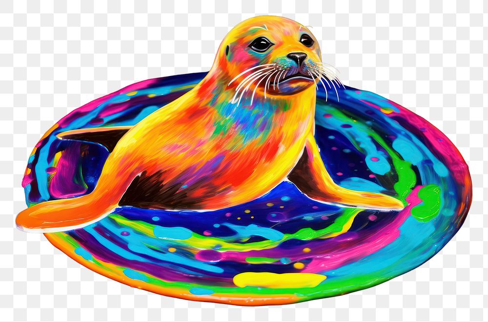 PNG Black light oil painting of a seal animal yellow black background.