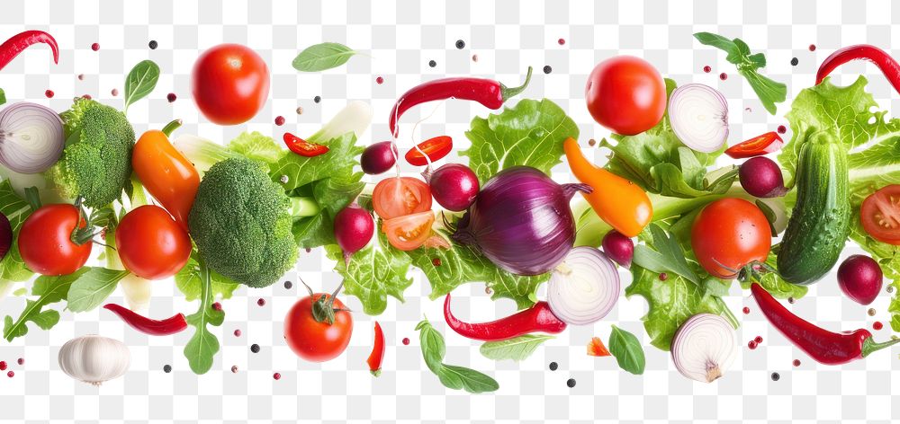 PNG Flying mixed vegetables border food red white background.