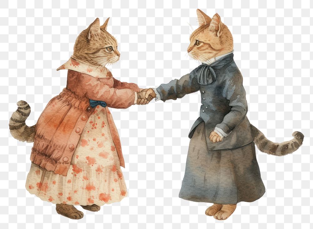 PNG  Two cats shaking hands watercolor animal mammal pet