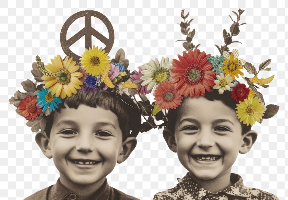 PNG Paper collage of two kids smiling flower art portrait.