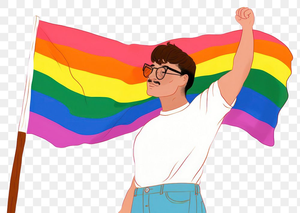 PNG  Man holding pride month flag glasses cartoon accessories.