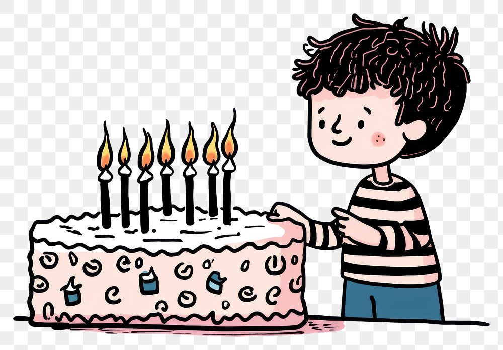 PNG  Boy holding birthday cake dessert drawing cartoon.