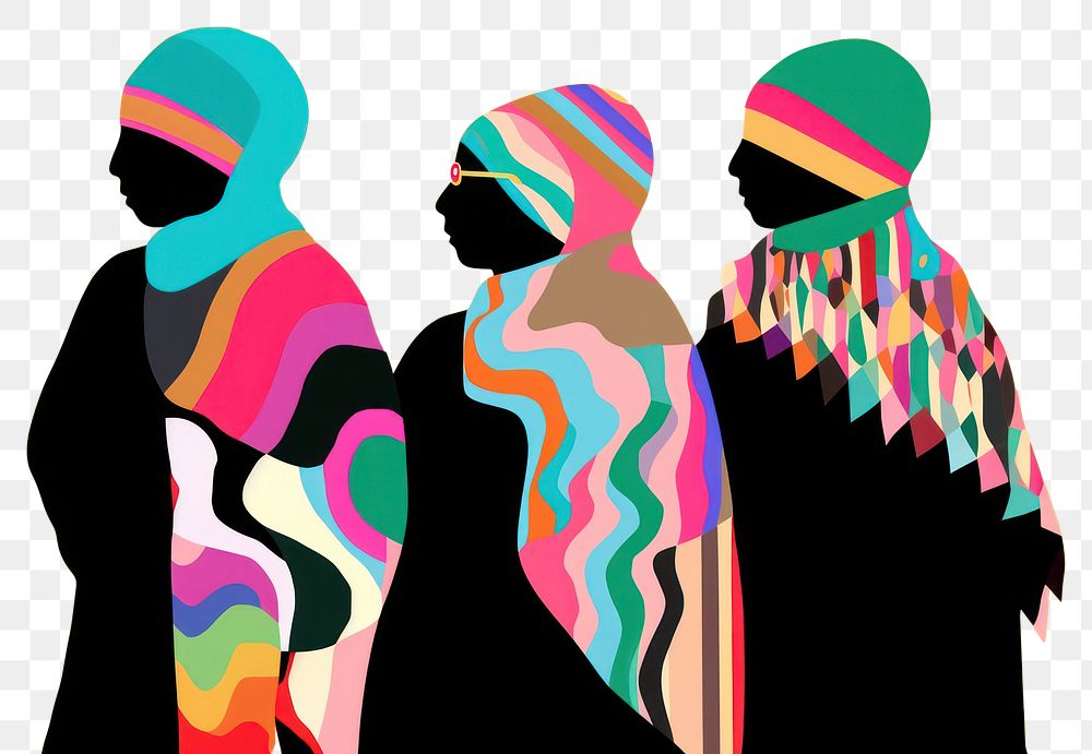 PNG  Three muslim women wearing hijaab art painting cartoon.