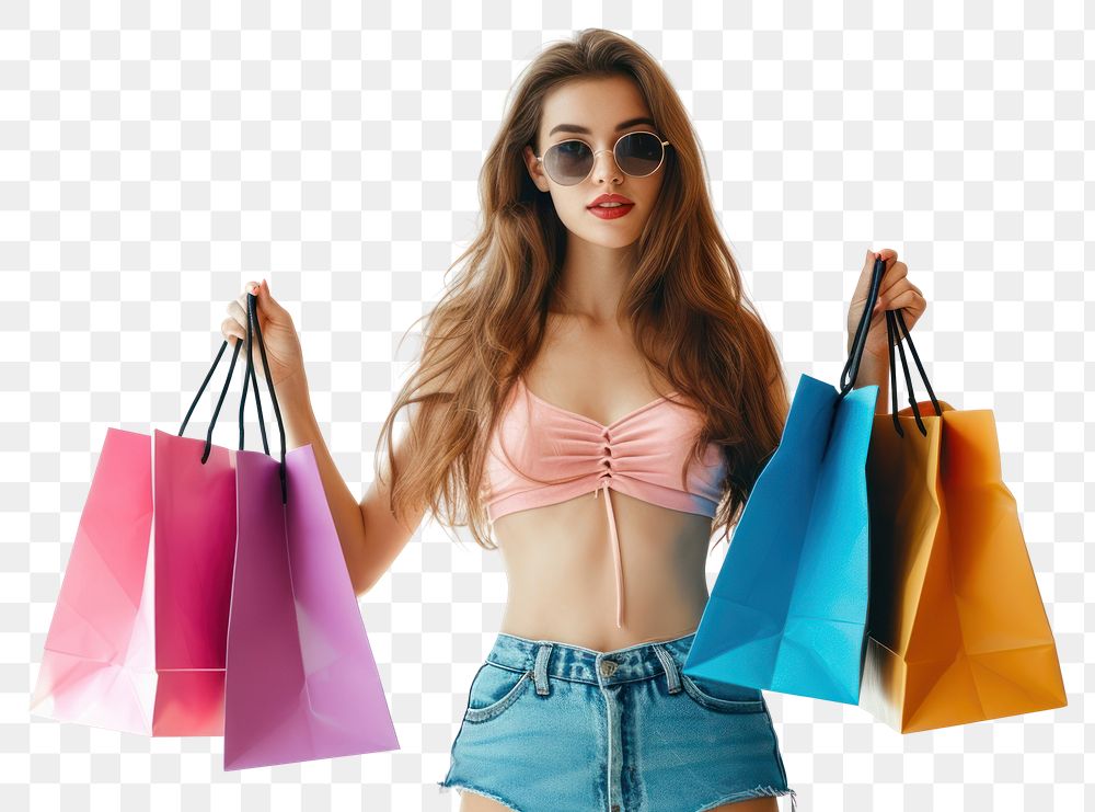 PNG Portrait of an attractive young woman posing and holding up shopping bags portrait handbag shorts.
