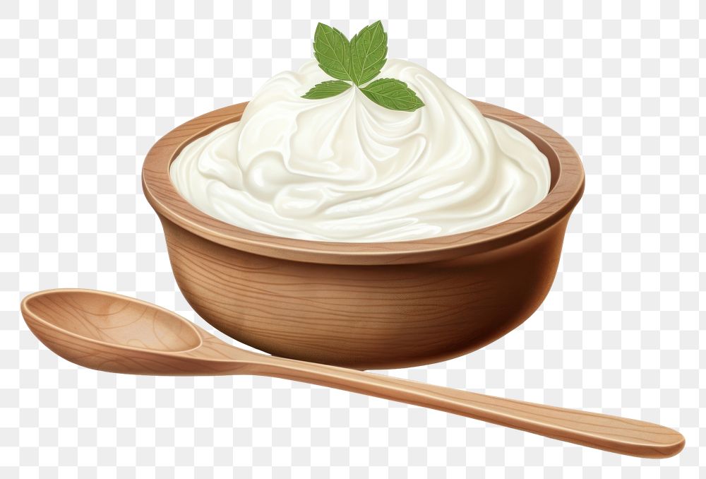 PNG Yogurt in wooden bowl dessert cream spoon.