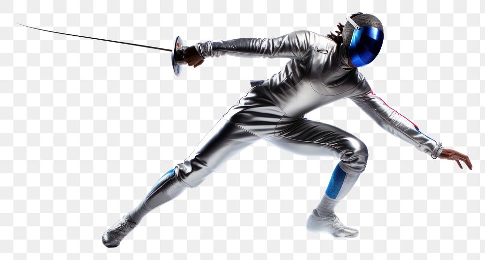 PNG Male athlete is with fencing foil practicing sports clothing helmet.