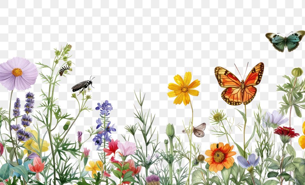 PNG Insect border with flowers nature butterfly outdoors.