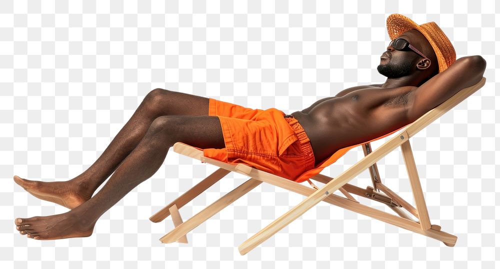 PNG Photo of black man lay on beach chair sunbathing travel white background.