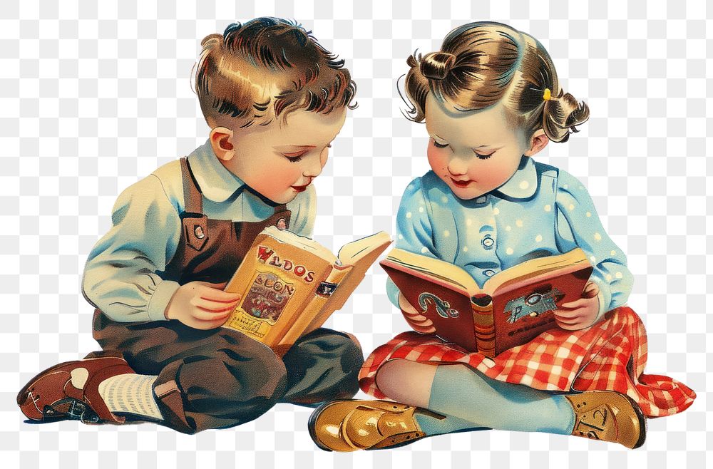PNG Vintage illustration of boy and girl book publication reading
